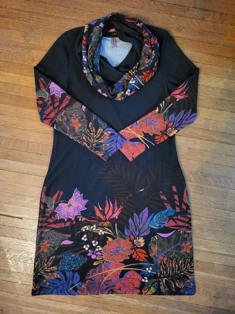 Miss Nikky Black Floral-Print V Neck Dress And Scarf Set